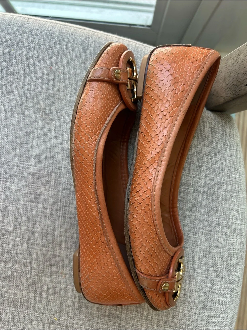 Tory Burch Cognac Leather Logo Round-Toe Flats